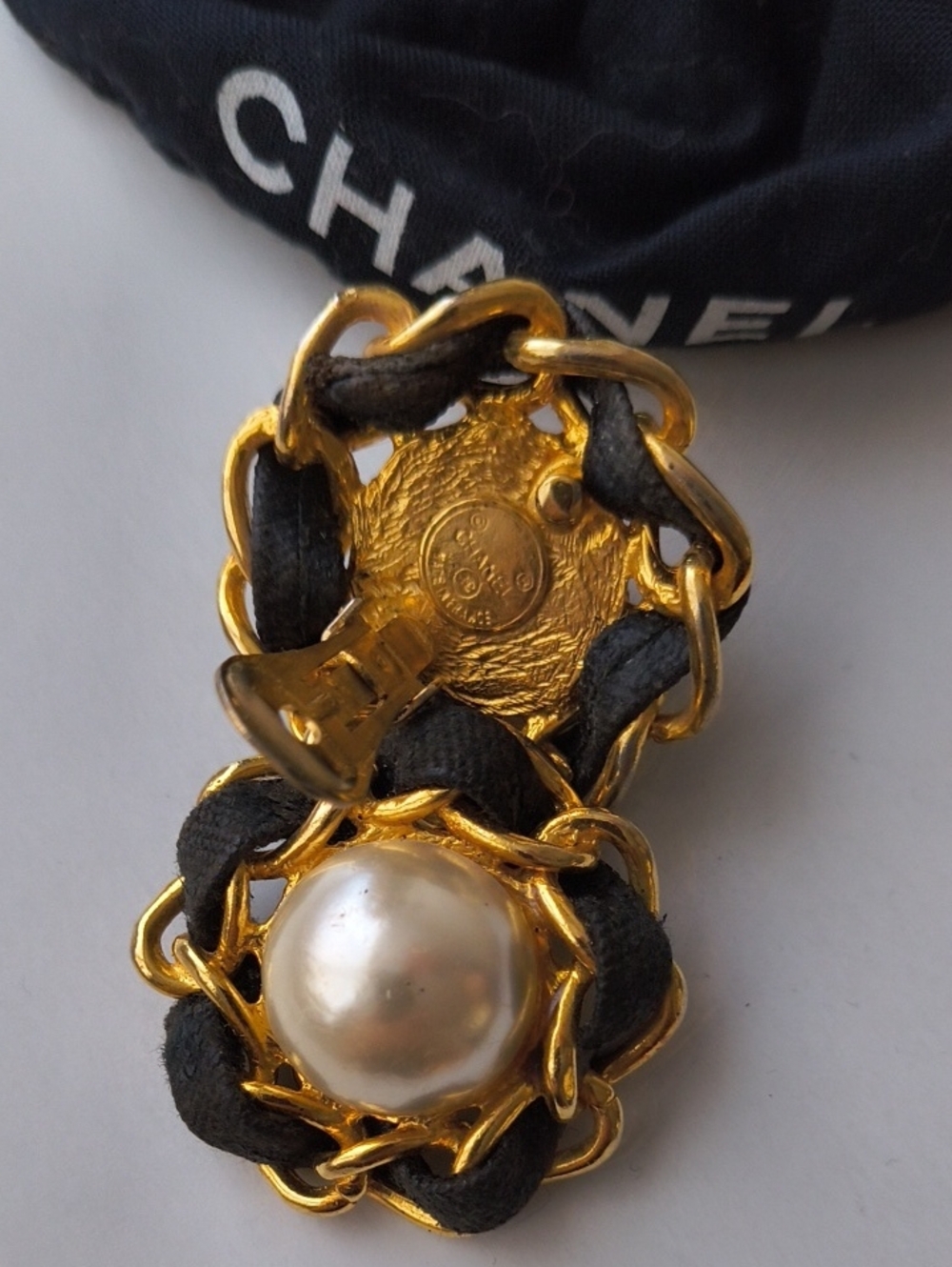 CHANEL Gold-Tone Pearl Clip-On Earrings with Black Ribbon